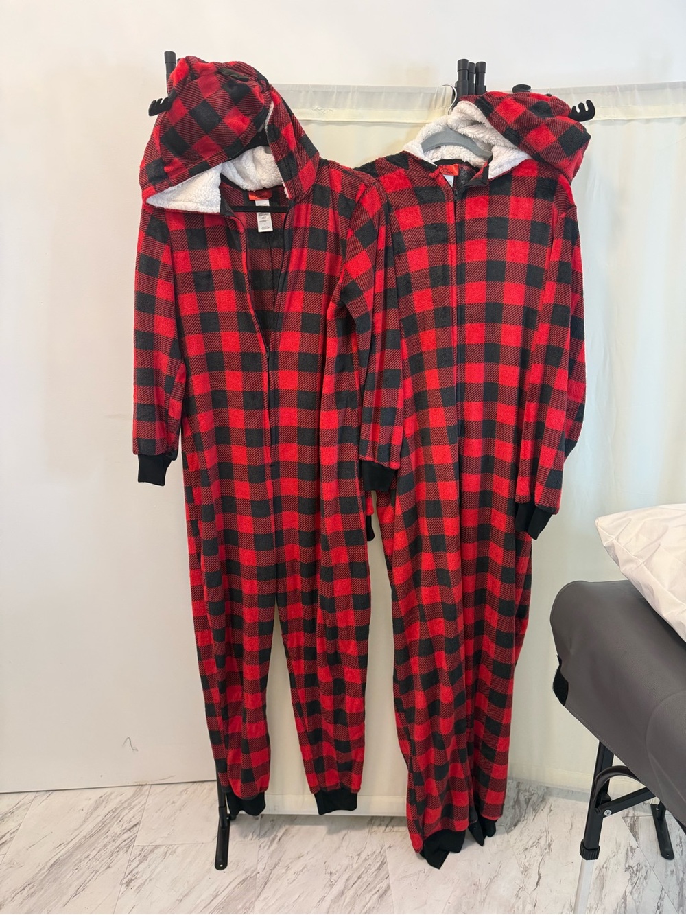 Plaid Red and Black adult One-Piece Hooded pjs